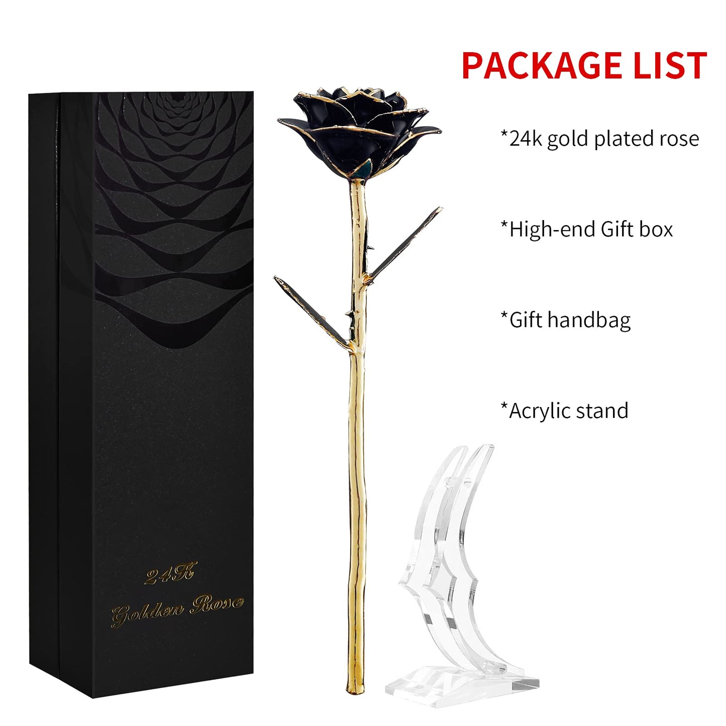 SW Rose Gifts for Women Forever Black Gold Dipped Rose 24k Gold Plated Eternal Flower Rose Birthsday for Her Mom Women Anniversary Valentines Day Mothers Day