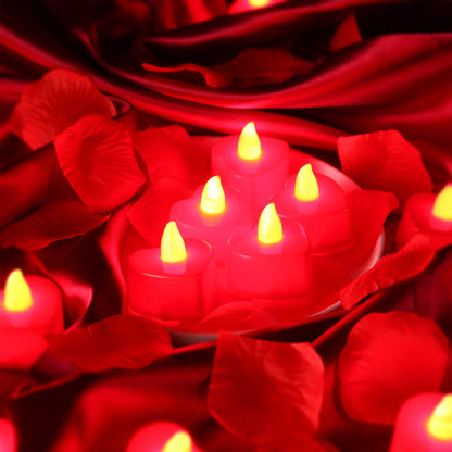 Honoson 1000 Pieces Artificial Rose Petals with 24 Pcs Flameless Heart Shaped LED Tealights Candles Romantic Night Decorations for Wedding Anniversary Table Decor(Red)