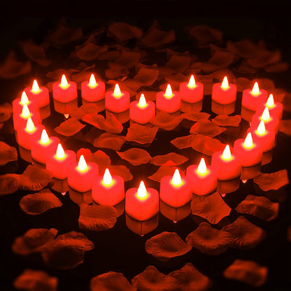 Honoson 1000 Pieces Artificial Rose Petals with 24 Pcs Flameless Heart Shaped LED Tealights Candles Romantic Night Decorations for Wedding Anniversary Table Decor(Red)