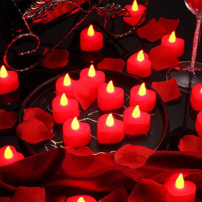 Honoson 1000 Pieces Artificial Rose Petals with 24 Pcs Flameless Heart Shaped LED Tealights Candles Romantic Night Decorations for Wedding Anniversary Table Decor(Red)