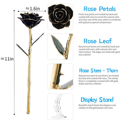 SW Rose Gifts for Women Forever Black Gold Dipped Rose 24k Gold Plated Eternal Flower Rose Birthsday for Her Mom Women Anniversary Valentines Day Mothers Day