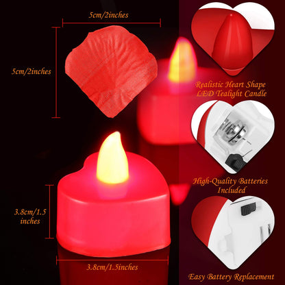 Honoson 1000 Pieces Artificial Rose Petals with 24 Pcs Flameless Heart Shaped LED Tealights Candles Romantic Night Decorations for Wedding Anniversary Table Decor(Red)