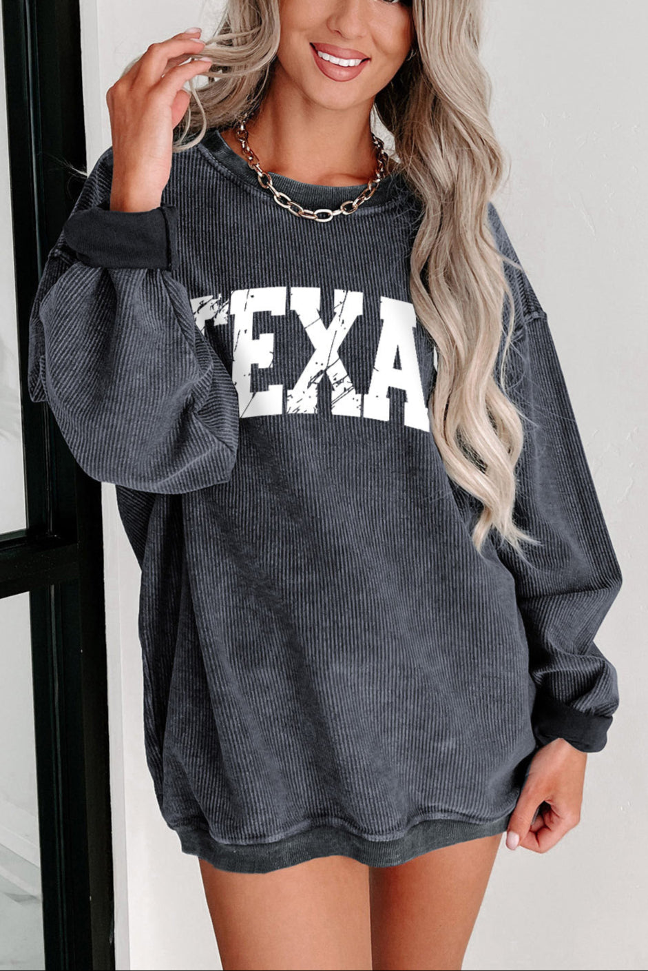 Texas Ribbed Knit Round Neck Pullover Sweatshirt