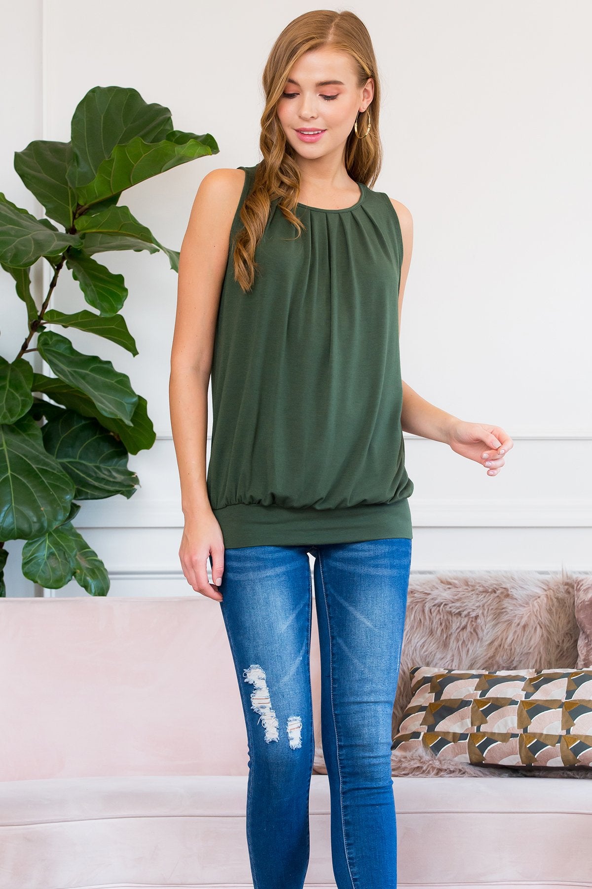 Sleeveless Pleated Top With Waistband