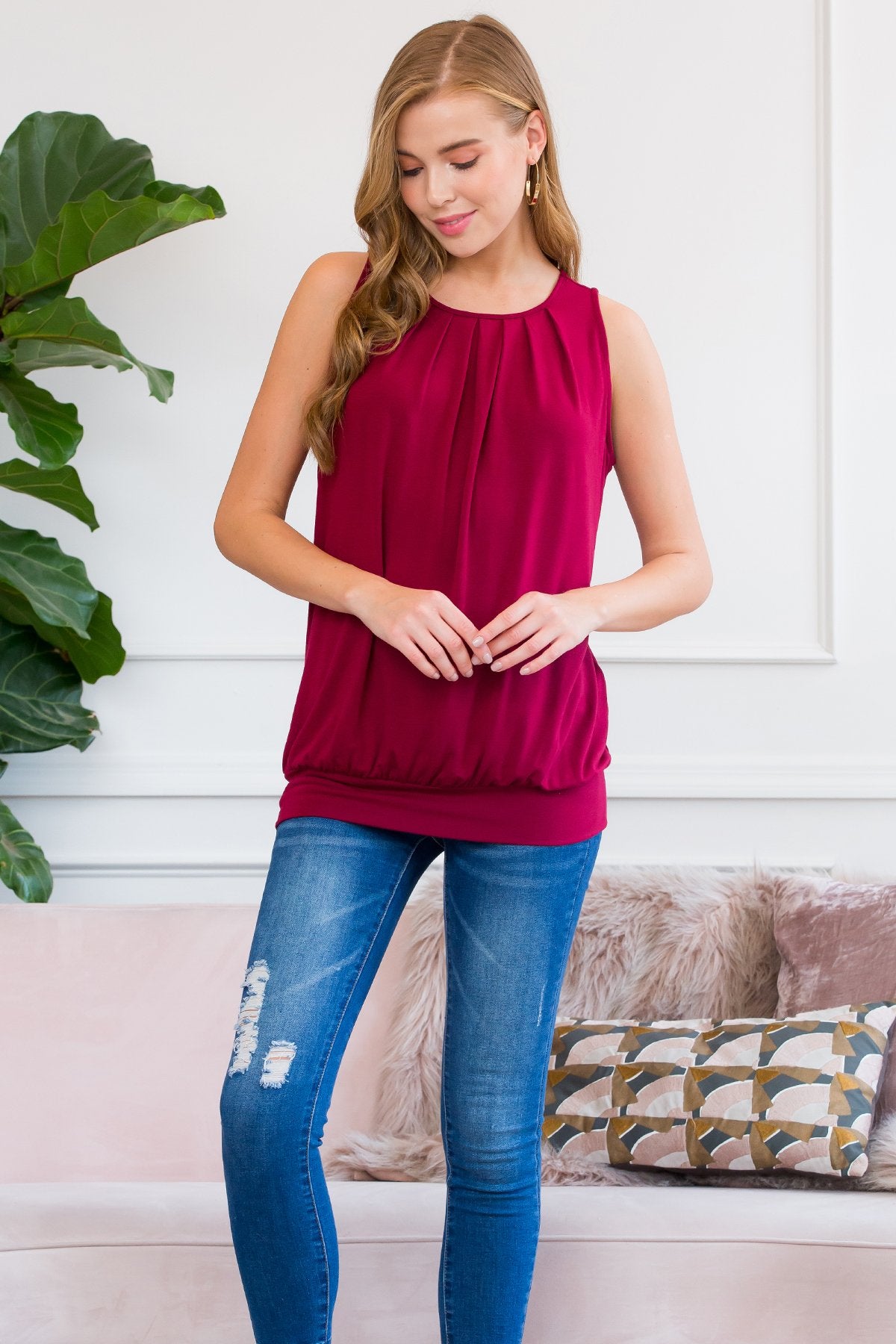 Sleeveless Pleated Top With Waistband