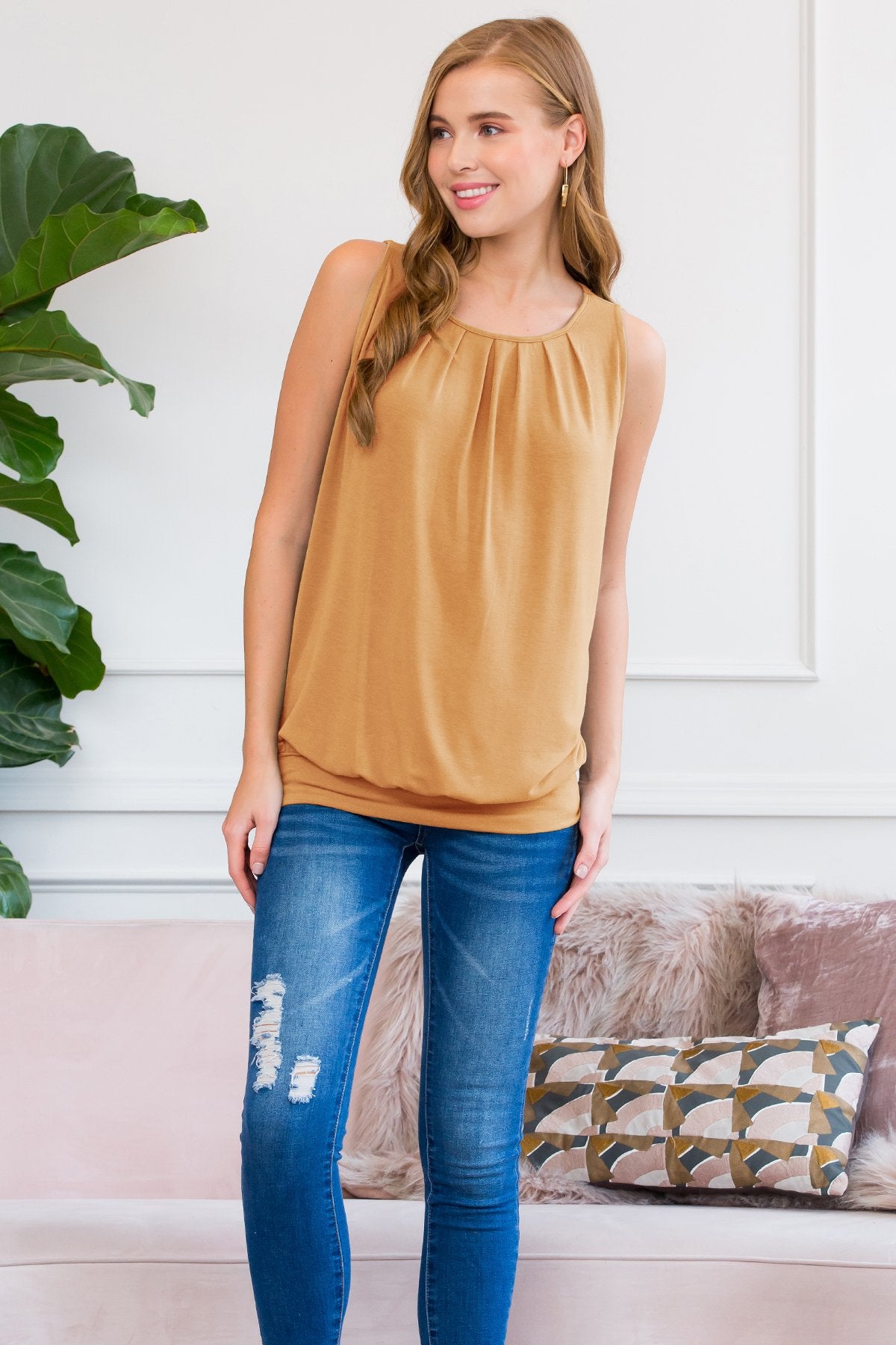 Sleeveless Pleated Top With Waistband