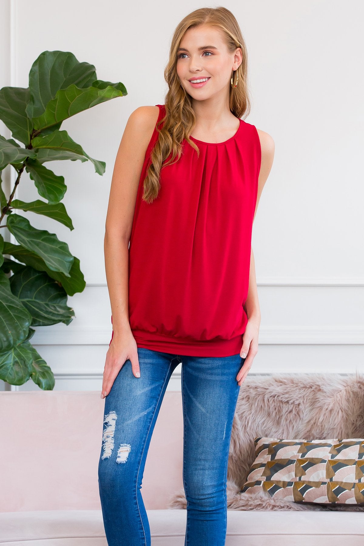 Sleeveless Pleated Top With Waistband