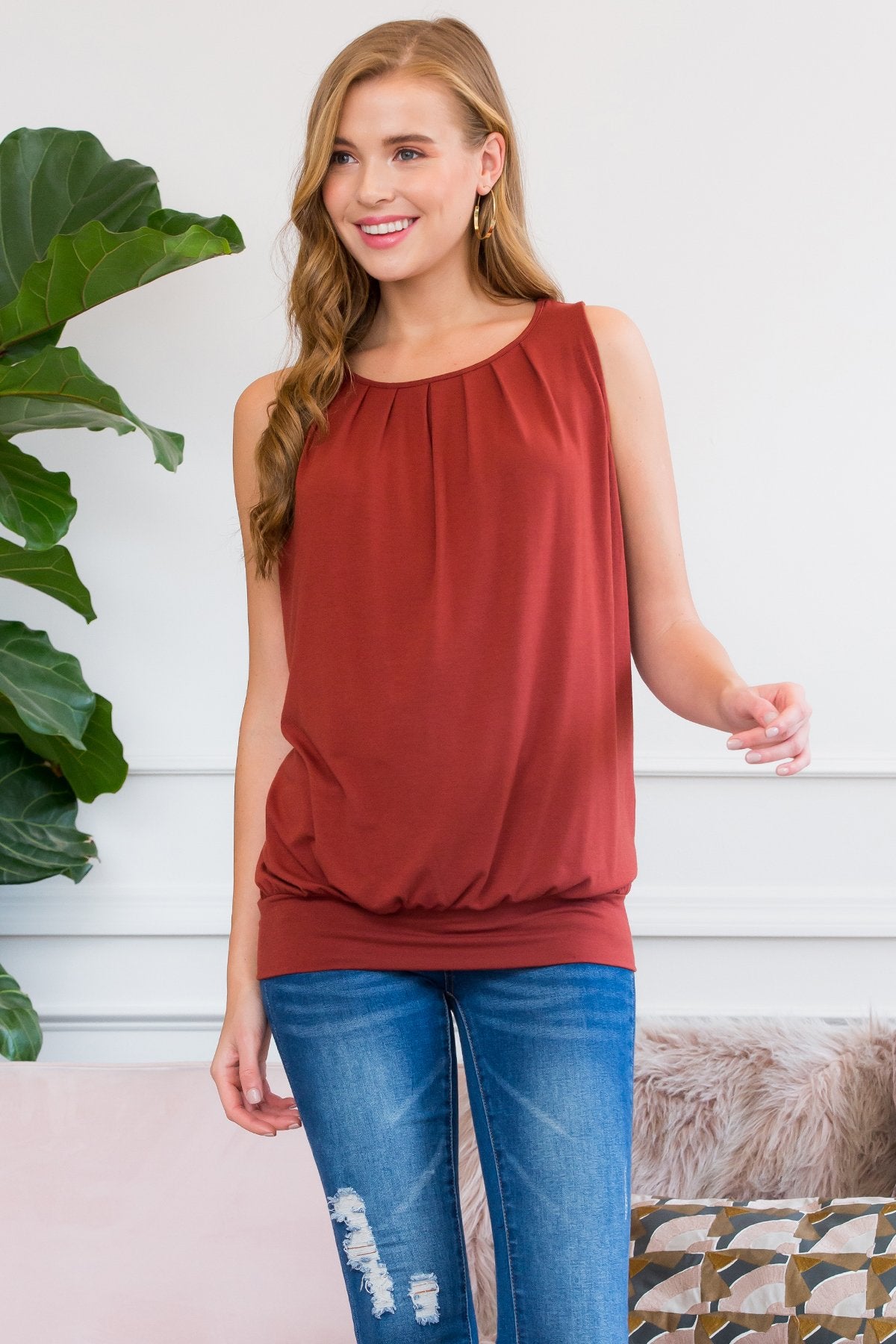 Sleeveless Pleated Top With Waistband