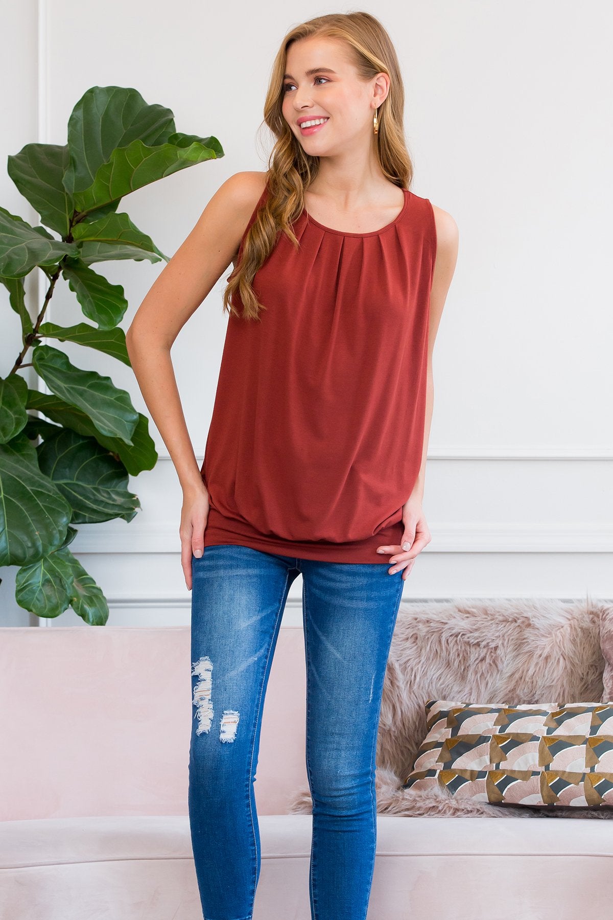 Sleeveless Pleated Top With Waistband