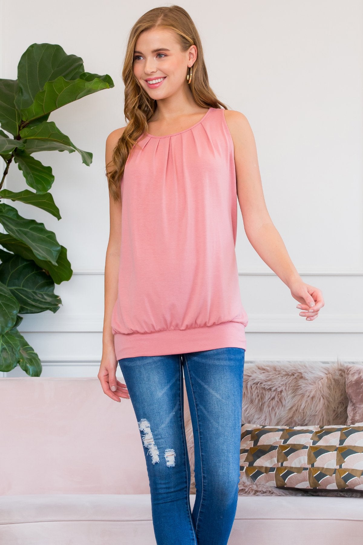 Sleeveless Pleated Top With Waistband