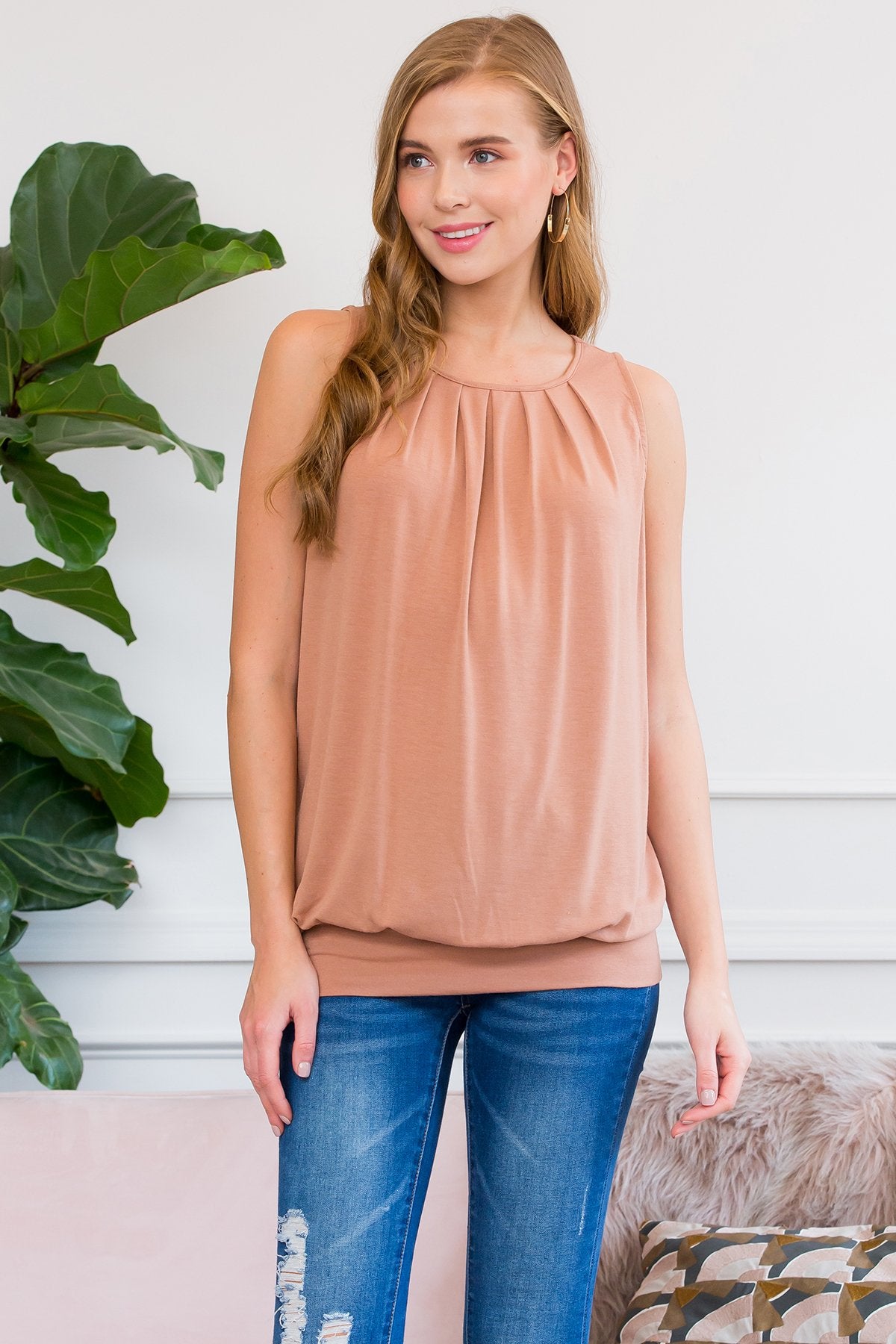 Sleeveless Pleated Top With Waistband